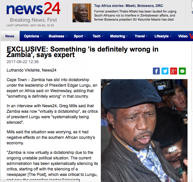 Greg Mills interview with News24 — 'Something 'is definitely wrong in Zambia'