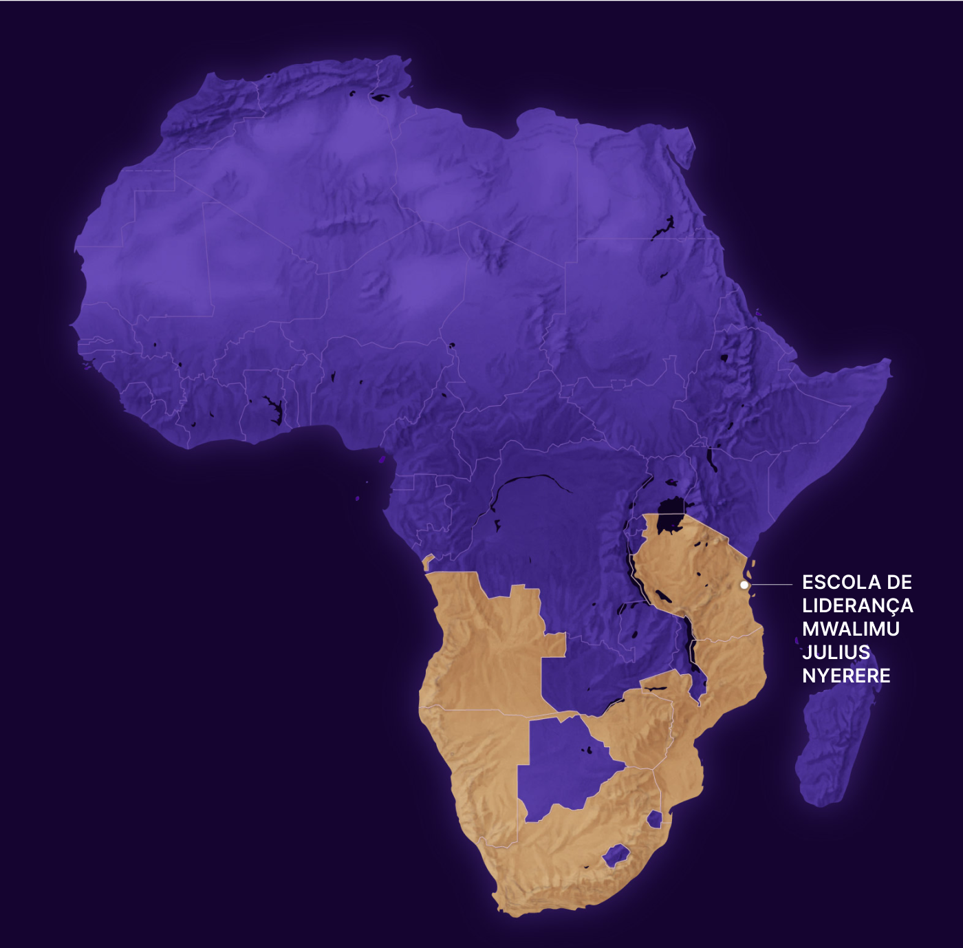 Mapa da África mostrando a localização da Escola de Liderança Mwalimu Julius Nyerere