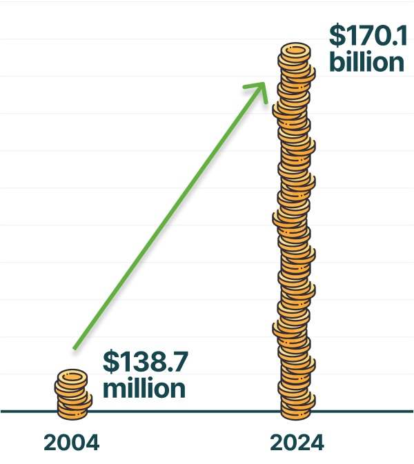 Money graphic showing increase from 138.7 million in 2004 to 170.1 billion in 2024