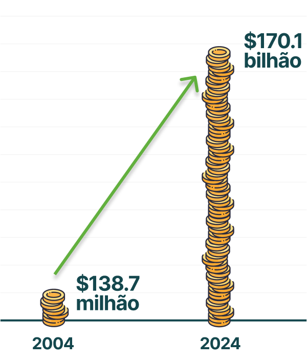 Gráfico de dinheiro mostrando aumento de 138,7 milhões em 2004 para 170,1 bilhões em 2024