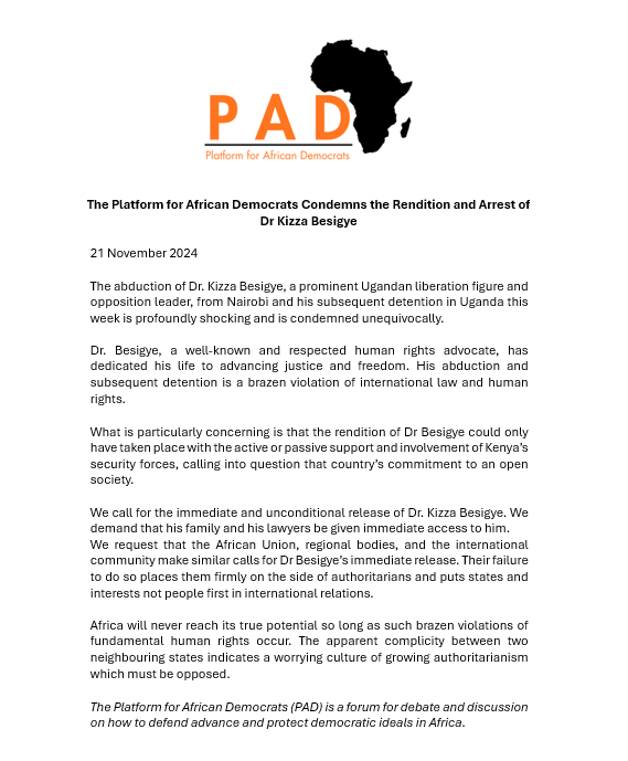 The Platform for African Democrats Condemns the Rendition and Arrest of Dr Kizza Besigye