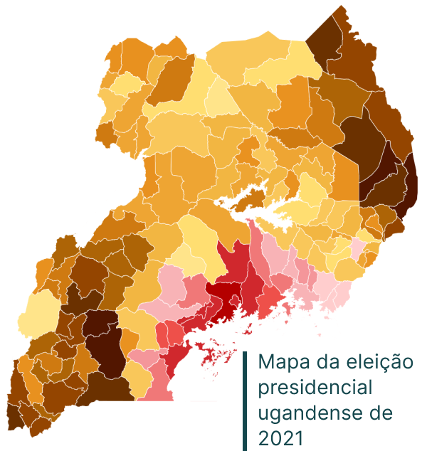 Mapa mostrando os resultados das Eleições Presidenciais de 2021 em Uganda