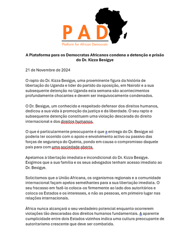 A Plataforma para os Democratas Africanos condena a detenção e prisão do Dr. Kizza Besigye